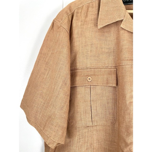 Gochu Linen Menta Button Down Short Sleeve Collard Shirt Brown Size Large - Picture 2 of 4